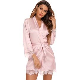 RSLOVE Women Satin Robe Lace Trim Kimono Dressing Gown Silk Bridal/Bridesmaid Robe Pink Small