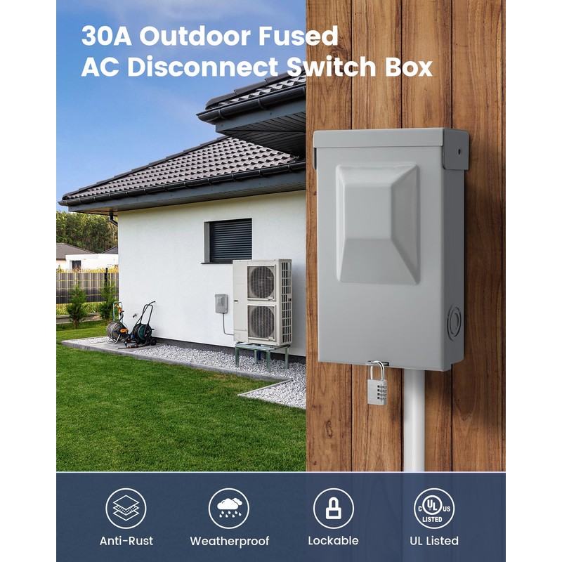 SURAIELEC 30 Amp Fused AC Disconnect Box, Outdoor Pull-Out Switch