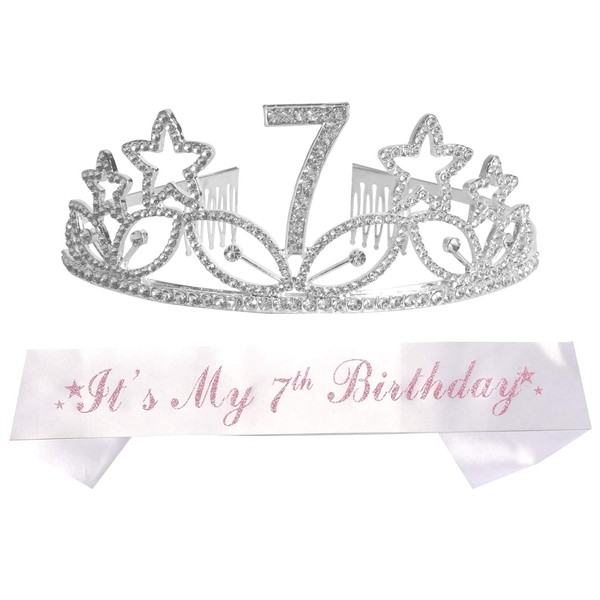 7th Birthday Sash and Tiara for Girls - Fabulous Glitter Sash + Stars Rhinestone Silver Premium Metal Tiara for Girls, 7th Birthday Gifts for Princess Party