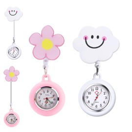 2 PCS Fob Watch, Fob Watches for Nurses,Nurses Fob Watch,Portable Nurse Watch Retractable Clip-On Glow in Dark Medical Pocket Watch,White Cloud and Pink Flower Pattern for Nurses Doctors Caregivers