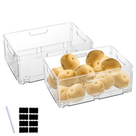 Yomjarl Potato and Onion Storage,2 Pack Clear Plastic Stackable Storage Bins with Handles & Folding,Pantry Kitchen Storage Organization Box Vegatable Storage Basket for Onions and Potatoes,Fruits