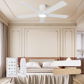 Autoday 52 Inch White Ceiling Fans with Lights and Remote - Low Profile Ceiling Fan with Light, Flush Mount, 6 Speeds, Quiet DC, 3CCT Dimmable, Indoor Outdoor Ceiling Fans for Patios Bedroom