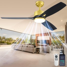 Ceiling Fans with Lights and Remote - 52 Inch Smart App Control Modern Low Profile Fandelier - Flush Mount for Living Room, Bedroom, Farmhouse - 35w Led Lighting Bulb - Quiet DC Motor - Black Gold