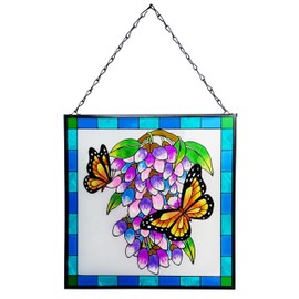 Butterfly Stained Glass Window Hangings,Hand-Painted Glass Suncatcher Panel with Metal Chain,Home Decor for Wall or Windows（W10“ x H10”