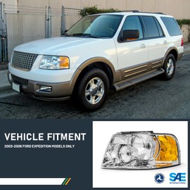 ROADEAL for 2003 2004 2005 2006 Ford Expedition Headlights 03-06 Expedition Headlight assembly Chrome Housing Amber Reflector Headlamp Replacement Clear Reflector Clear Lens Driver & Passenger Side