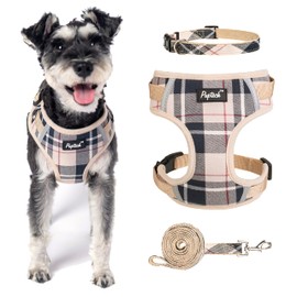 PUPTECK Dog Harness and Leash Collar Set for Small Medium Dogs Puppy and Cats Walking No Pull Adjustable Reflective Soft Mesh Padded Plaid Harnesses Pet Accessories, Beige, M