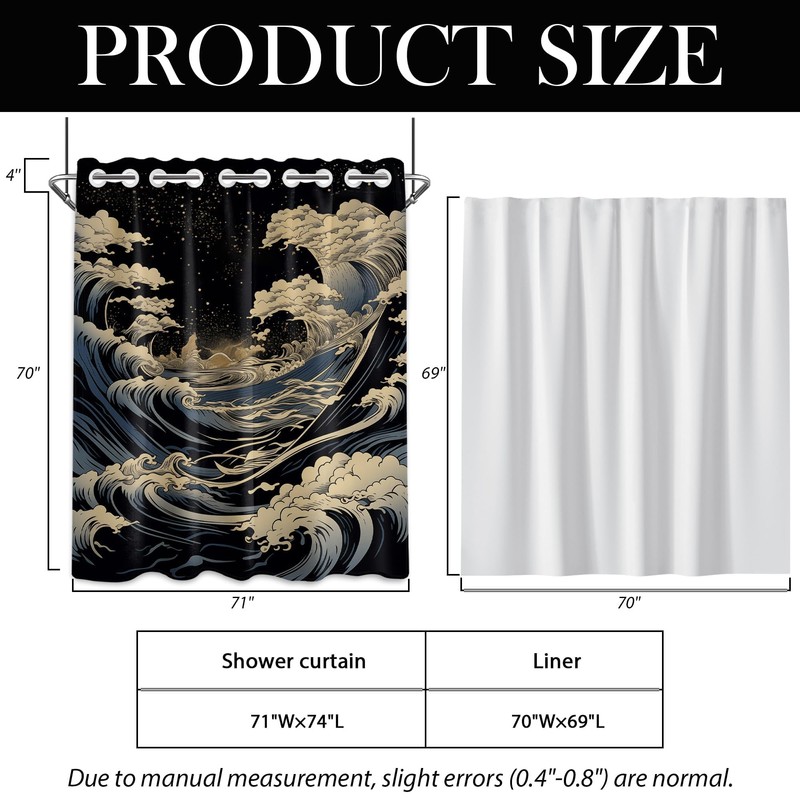 DLTAY Anime Hookless Shower Curtain, Japanese Great Waves, 71" W