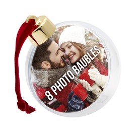 Shot2go Pack of 8 Christmas Photo Baubles Gold/Red - each holds 2 x 65mm photos