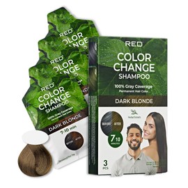 Red by Kiss Color Change Shampoo – Permanent Hair Color with 100% Gray Coverage, Quick 7-10 Minute Formula, No Tools Needed, Herbal Extracts, Includes 3 Shampoo Pouches (Dark Blonde)