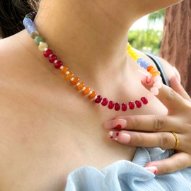 OOYAYA Beaded Necklace for Women, 17 Inch Colorful Rainbow Necklace Boho Bead Choker Necklaces - Natural Stone Necklaces Gift for Women Mom Grandma