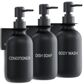 Soap Dispenser, Wall Mounting, No Drilling, Set of 3, 500 ml, Matte Black Shampoo Dispenser, Shower with Funnel and Three-Dimensional Waterproof Labels for Kitchen, Bathroom