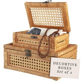 CASALLURA Handcrafted Rattan and Cane Rectangular Display Boxes - Stackable Set of 2 with Woven Lids and Metal Clasps - Creative Home Storage and Decor for Shelves