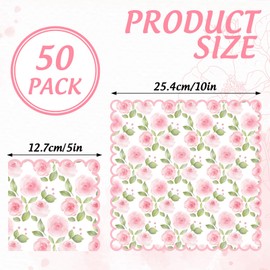 Whaline 50Pcs Pink Floral Scalloped Cocktail Napkin Rose Flower Paper Napkin Disposable Dessert Beverage Napkin for Spring Wedding Bridal Baby Shower Birthday Party Supplies