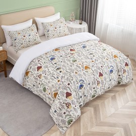 SOULZZZ Colorful Mushroom Duvet Cover King - Soft Mushroom Bedding Set with Wild Plants and Flower 3 Piece Aesthetic Mushroom Bed Set for Woman Adult (King, Cream)