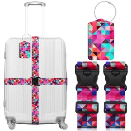 ZHOMA 3 Pack Luggage Straps Tags Set for Suitcases, Travel Adjustable Belt with Quick Release Buckle and Name ID Label Card, Heavy Duty Nylon Bag Packing Strap for Business -Colorful Block