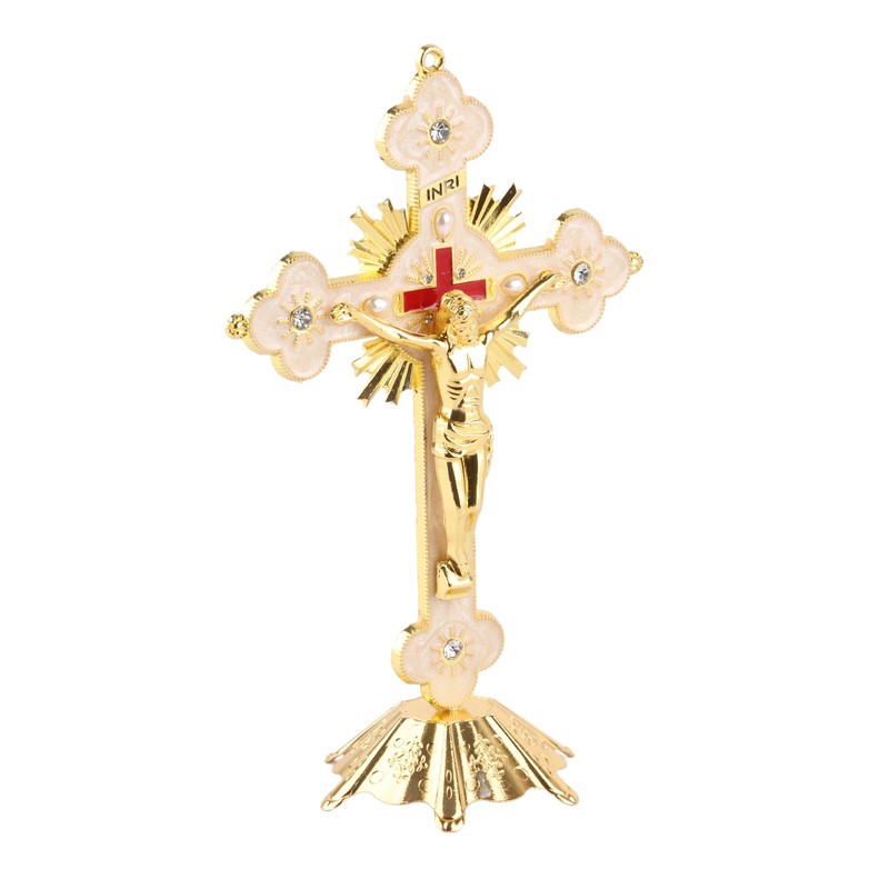 Metal Standing Cross Red Rhinestone Decoration Exquisite Retro Elegance Standing