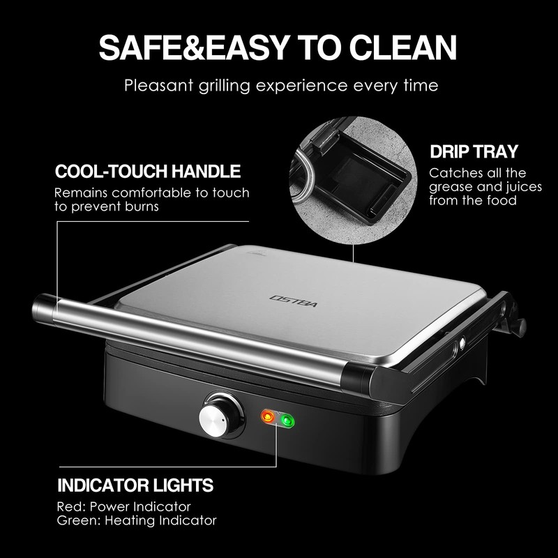 OSTBA Panini Press Grill with Adjustable Temperature, 4-Slice Indoor Grill,