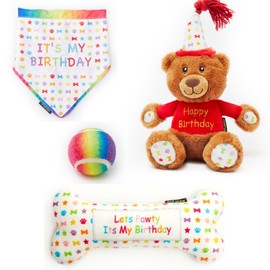 Dog Happy Birthday Gift Set 4-Piece Present set, Perfect Dogs Happy Bday Celebration, includes Toys and Bandana … (Small)