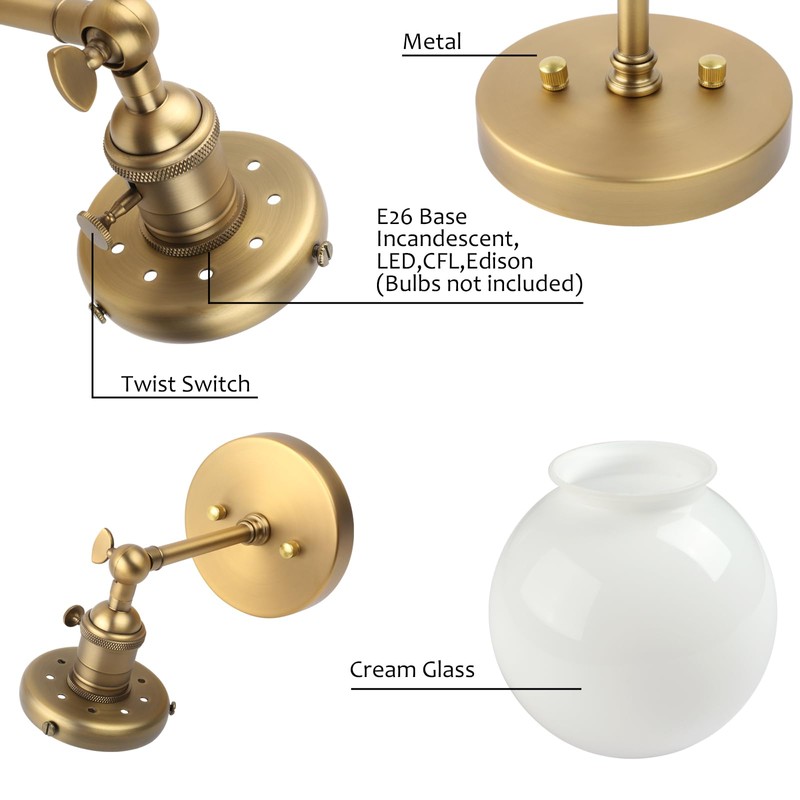 Pathson Hardwired Wall Sconce with White Globe, Brass Bathroom Vanity