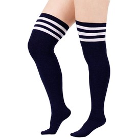 DRESHOW Women's Extra Long Socks Over Knee Socks Overknee Stockings Long Striped Socks Casual High Boat Stockings, 1 x extra-l stripes, 3wh navy