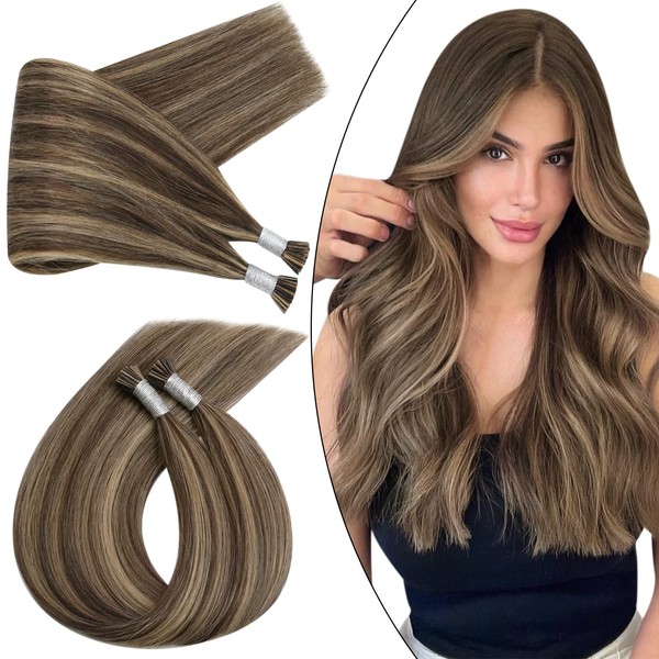 Ugeat 22 Inch I Tip Hair Extensions Human Hair #P4/27 Dark Brown Highlight with Caramel Blonde Itip Human Hair Extensions 40 Grams Itips Hair Extensions Human Hair