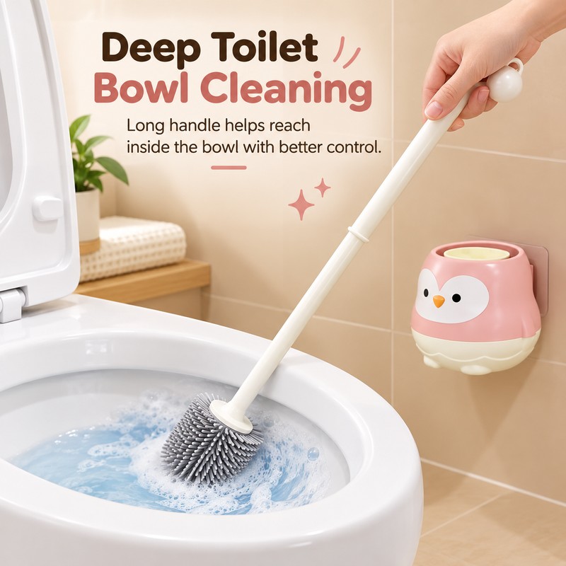 Penguin Toilet Brush Set for Bathroom Cleaning – Wall-Mounted Long