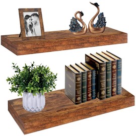 KDCMXS Set of 2 Rustic Shelves for Wall - 16 Inch Rustic Wood Floating Shelves with 1/5" Thicker Steel Brackets | Heavy Duty Farmhouse Wall Shelves | Solid Wood Core |Brown Wood Shelves for Décor
