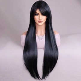 WTHCOS Long Black Wigs for Women Girls Long Straight Wig With Oblique Bangs Black Wig Heat Resistant Synthetic Wigs for Cosplay Costume Party