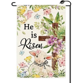 Easter He Is Risen Garden Flag 12x18 Inch Vertical Double Sided Lamb Flowers Cross Small Flags Farmhouse Outside Decoration For Yard (ONLY FLAG) FH28