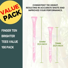 FINGER TEN Golf Tees Premium Bamboo Wooden Long 3 1/4 2 3/4 Inch Durable Value 100 Pack，Coloured Painted Purple Pink Green Enhanced Visibility Cool Style for Men Women (Pink, 3 1/4 Inch)