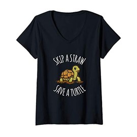 Womens Funny Plastic Straw Ban Skip a Straw Save a Turtle V-Neck T-Shirt