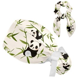 Women's Bouffant Working Cap Panda Pattern Scrub Caps Nurse Hat Surgical Cap with Button and Sweatband