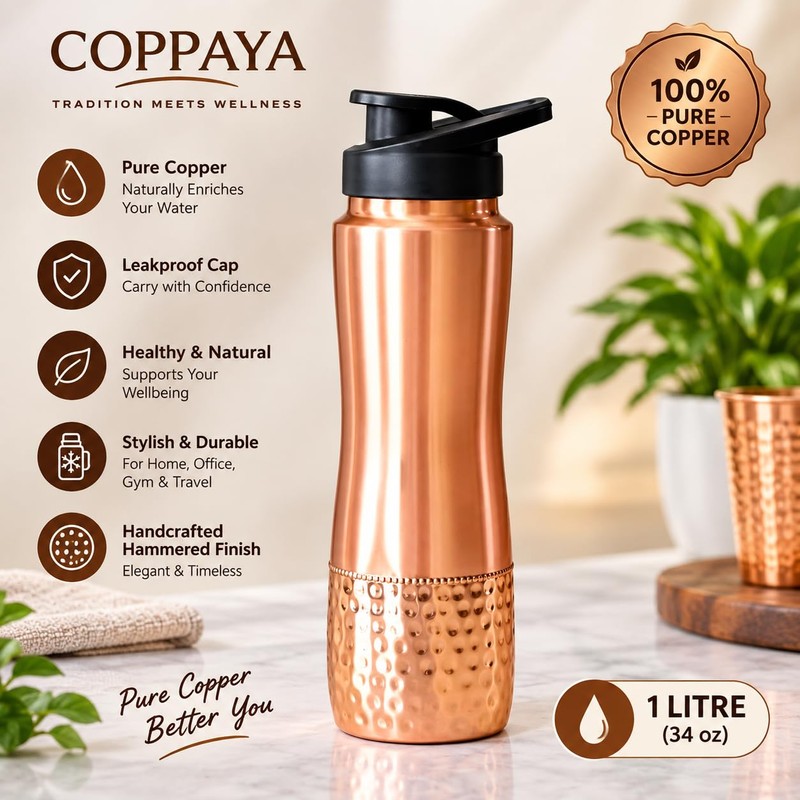 COPPAYA Pure Copper Water Bottle with Sipper, 900ml Capacity (30.4
