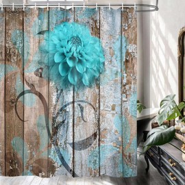 JAWO 4 Piece Teal Dahlia Dahlia Flower on Rustic Wooden Plank Country Style Shower Curtain Sets with Non-Slip Rugs, Toilet Lid Cover and Bath Mat, Shower Curtain with 12 Hooks