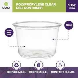 CIAO! 16OZ Polypropylene Clear Deli Container Matching Lids Sold Separately (Case of 500)