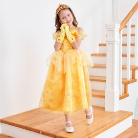 Avady Princess Dress for Girls Princess Costume Layered Off Shoulder Birthday Party Christmas Yellow 5-6Y