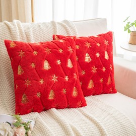 SHITURRE Red Christmas Decorative Throw Pillow Covers Pack of 2, Sequins Pillow Covers Cushion Covers 18"x18", Faux Fur Square Throw Pillow Covers for Sofa Couch Living Room(Red-Gold)
