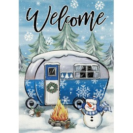 Covido Welcome Winter Camping RV Decorative Garden Flag, Christmas Snowman Camper Bonfire Pine Tree Yard Outside Decorations, Seasonal Snowflake Burlap Outdoor Small Home Decor Double Sided 12 x 18