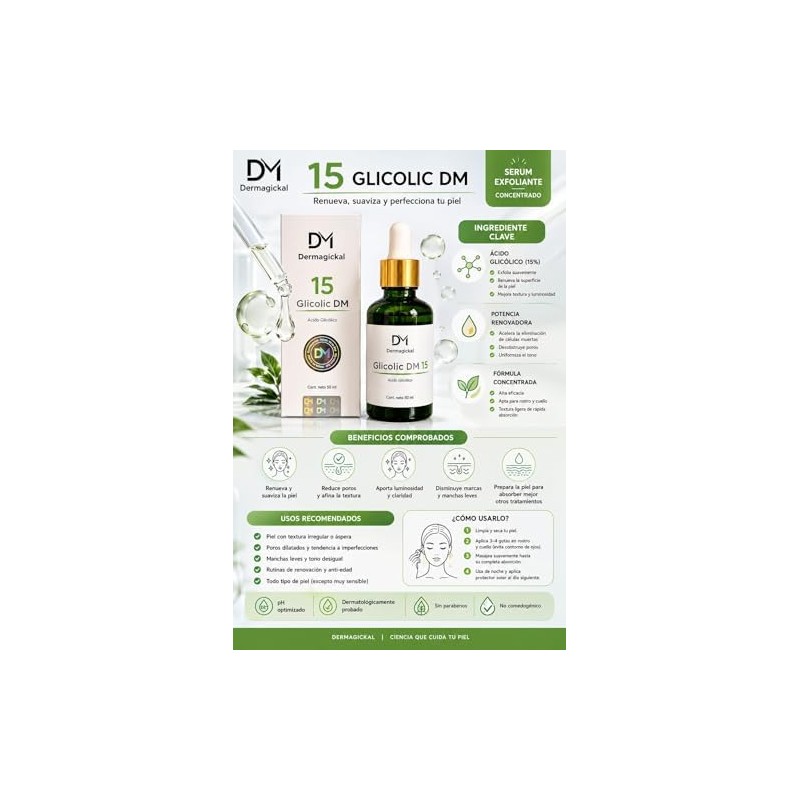 Glicolic DM 15, Suero Facial con Ácido Glicólico, Exfoliante Químico,