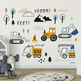 Mulaibdin 74 Pcs Digger Tractor Wall Stickers, Nursery & Kids Wall Stickers, Wall Stickers for Bedrooms, Boys Room Decor, Truck Excavator Stickers for Toddlers, Construction Vehicles Wall Stickers