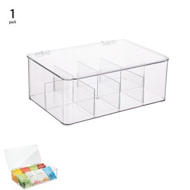 Tea Coffee Bag Storage Box with Lid and 4 Removable Dividers,Clear Plastic Food Bag Snack Organizer,Stackable Kitchen/Refrigerator Dessert,Flavor Organizer (1)