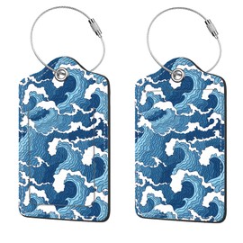 2 Pcs Luggage Tags for Suitcase, Cute Unique PU Leather Travel Bag Tag with Privacy Cover ID Label Address Card and Durable Metal Ring Suitable for Men Women Children Backpack,Sea Wave