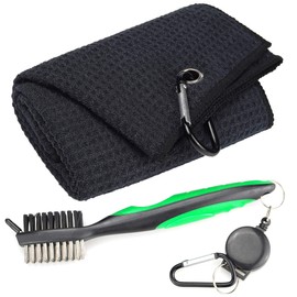 Mile High Life Microfiber Waffle Pattern Tri-fold Golf Towel | Brush Tool Kit with Club Groove Cleaner, Retractable Extension Cord and Clip (Black Towel+Green Brush)
