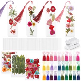Fuyoooo 376 Pcs Dried Flower Bookmark Making Kit, 150 DIY Bookmark Laminating Pouches with 150 Tassels and Puncher DIY Projects Party Favor Gift for Women Book Lovers(2 x 8 Inch,Rainbow Color)