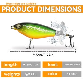 10pcs Whopper Fishing Lure for Bass Topwater Popper Fishing Lures with Long Floating Rotating Tail Treble Hooks Freshwater Plopping Lures for Bass Catfish Pike