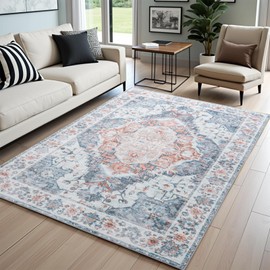 CRYPTOLITE 8x10 Area Rugs for Living Room, Machine Washable Non-Slip Low Pile Faux Wool Boho Vintage Carpet, Non-Shedding Large Rug for Bedroom Dining Room Office, Light Blue
