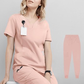 Meichoon Nurse's Uniform Set Lightweight V-neck Top with Elastic Pants Natural Skin-friendly for Men and Women DK06 Pink Small