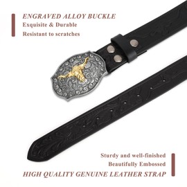 JASGOOD Western Leather Buckle Belt for Men Women Floral Engraved Cowboy Belt Longhorn Bull Buckle Waist Belt for Jeans Pants,B-Black,Fit Waist Size 27"-34"