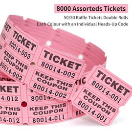 L LIKED 8000 Raffle Tickets 2" x 2" Raffle Tickets Consecutive Numbers for Events,Entry,Class Reward, Prizes-1000 Tickets Per Roll,8 Rolls