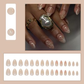 30 Pcs Spring Press on Nails Short Almond,YIHONGYAN Fake Nails Press ons Pink French Nail Tip Acrylic Kit Glue on Nails Full Cover False Nails 3D White Flower Pearl Glossy Stick on Nails for Woman